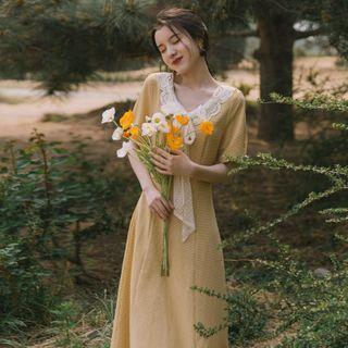 Plaid Lace Trim Short-sleeve Midi A-line Dress