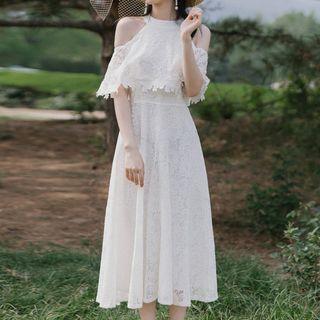 Cold Shoulder Lace Midi A-line Dress