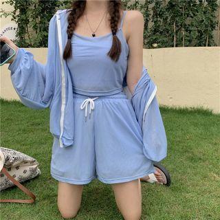 Set: Plain Camisole + Hooded Jacket + Shorts