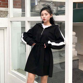 Hooded Pipe-trim Drawstring-waist Dress
