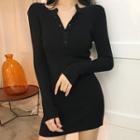 Long-sleeve Button-detail Mini Bodycon Knit Dress