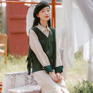 Set: Long-sleeve Shirtdress + Plain Knit Vest