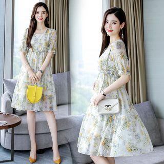 Set: Floral Print Short-sleeve A-line Chiffon Dress + Slipdress