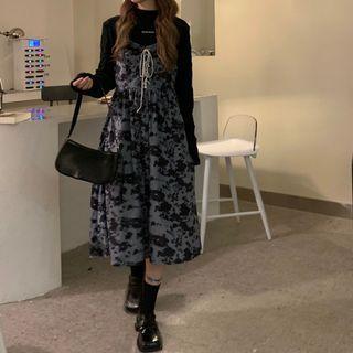 Mock-neck Long-sleeve T-shirt / Floral Print Overall Dress