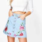 Buttoned Embroidery Denim A-line Skirt
