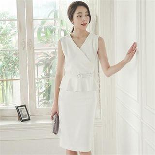 Set: Sleeveless Peplum Top With Belt + Pencil Skirt