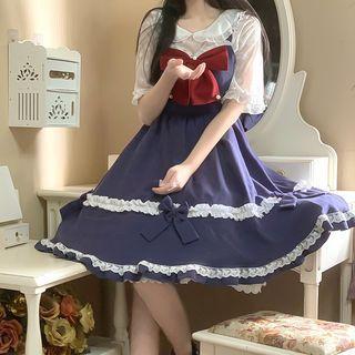 Frill Trim Bow Overall Dress