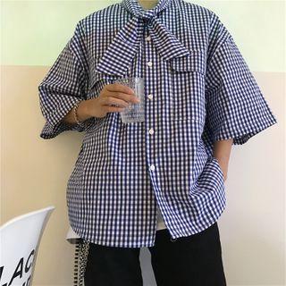 Plaid Tie-neck 3/4-sleeve Blouse