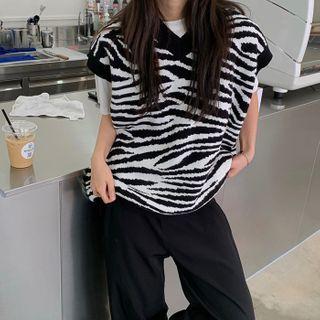 V-neck Zebra Pattern Knit Vest As Shown In Figure - One Size