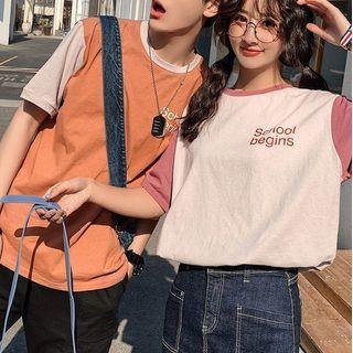 Couple Matching Short-sleeve Lettering Two Tone T-shirt