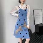 Long-sleeve Print Sheer Shirt / Spaghetti Strap Leopard Dress