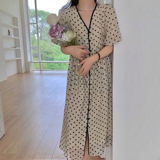 Puff Sleeve V-neck Dot Print A-line Shirtdress Milky White - One Size
