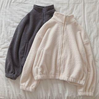 Mock-neck Faux Shearling Zip Jacket