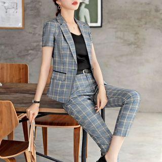 Set: Plaid Short-sleeve Blazer + Dress Pants