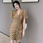 Puff-sleeve Ruched V-neck Mini Dress