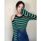 Long-sleeve Cold-shoulder Striped Slim-fit Knit Top Green - One Size