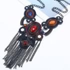 Faux Gemstone Fringed Alloy Necklace Red & Orange & Blue Faux Gemstone - Dark Silver - One Size