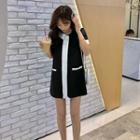 Color Block Short-sleeve Shirt Dress Black - One Size
