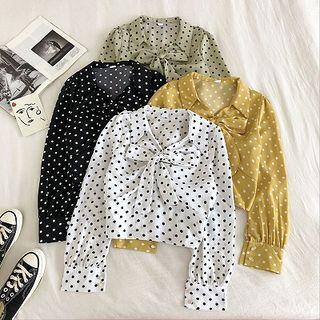 Color-block Polka Dot V-neck Long-sleeve Blouse
