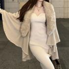 Long-sleeve Knit Midi Sheath Dress / Fluffy Trim Shawl