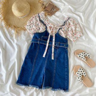 Puff-sleeve Floral Print Blouse / Fray Hem Denim Jumper Shorts / Set