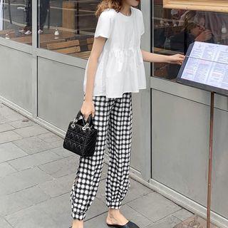 Short-sleeve Crinkled Top / Plaid Harem Pants