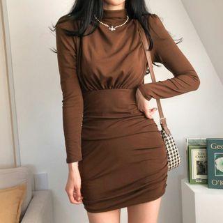 Mock-turtleneck Plain Shaping Ruched Dress