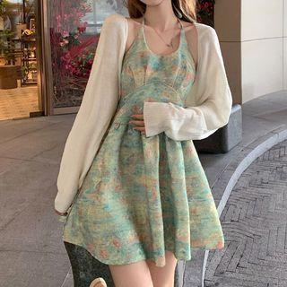 Spaghetti-strap Halter Mini A-line Dress / Cardigan