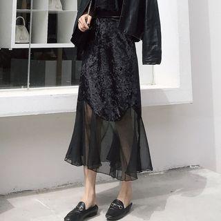Chiffon Panel A-line Midi Velvet Skirt
