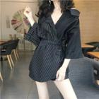 3/4-sleeve Pinstriped Wrap Blouse