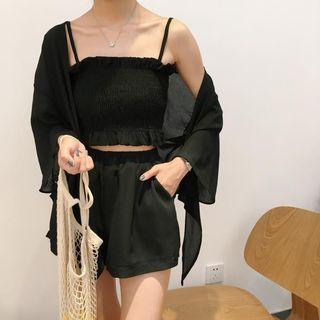 Set: Cropped Camisole Top + Drawstring Shorts + 3/4 Sleeve Light Jacket