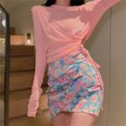 Drawstring Long-sleeve Top / Printed A-line Mini Skirt