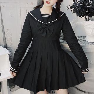 Embroidered Long-sleeve Pleated Mini Dress