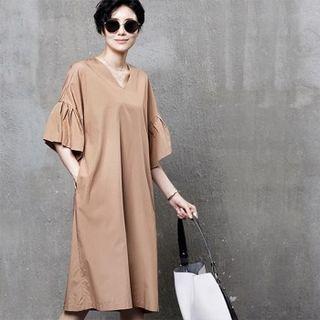 V-neck Pleated-sleeve Midi Dress