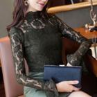 Lace Panel Stand-collar Bell-sleeve Top