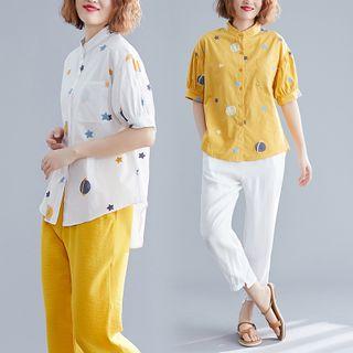Set: Embroidered Short-sleeve Shirt + Crop Pants