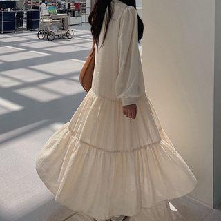 V-neck Puff-sleeve Ruffle Panel Dress