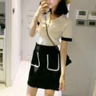 Set: Contrast Trim Zip Detail Short-sleeve T-shirt + Mini A-line Skirt