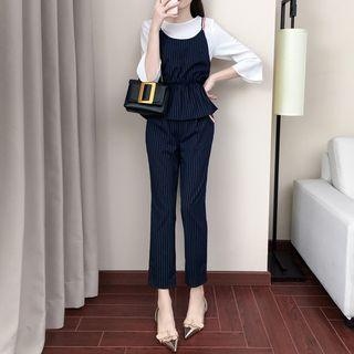 Set: Striped Panel 3/4-sleeve Top + Striped Straight-cut Pants