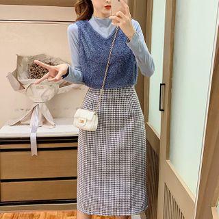 Plain Long-sleeve T-shirt / Fluffy Vest / Houndstooth Straight-fit Skirt / Cropped Straight-fit Pants / Set