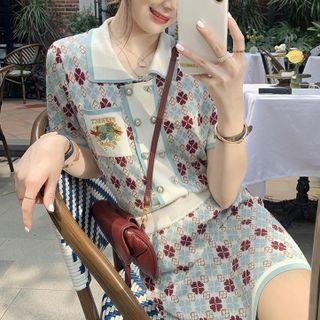 Set: Short-sleeve Patterned Top + Pencil Skirt Blue - One Size