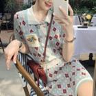 Set: Short-sleeve Patterned Top + Pencil Skirt Blue - One Size