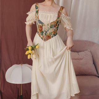 Short-sleeve Cold-shoulder Floral Panel Midi A-line Dress