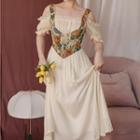 Short-sleeve Cold-shoulder Floral Panel Midi A-line Dress