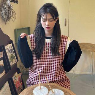 Sleeveless Round-neck Plaid Knit Vest