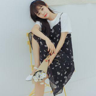 Short-sleeve Plain T-shirt / Spaghetti Strap Midi Floral Dress / Set