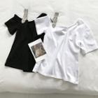 Short-sleeve Asymmetric Cold Shoulder Rhinestone Strap T-shirt