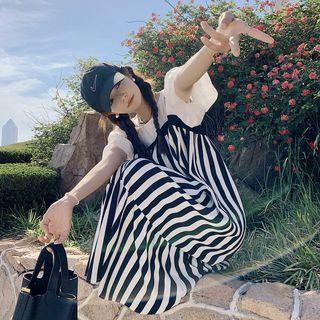 Mock Two-piece Puff-sleeve Striped Panel Dress