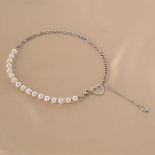 Heart Pendant Faux Pearl Asymmetric Necklace Silver - One Size