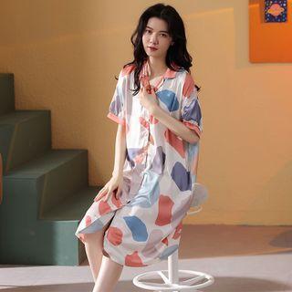 Short-sleeve Print Button-up Sleep Dress